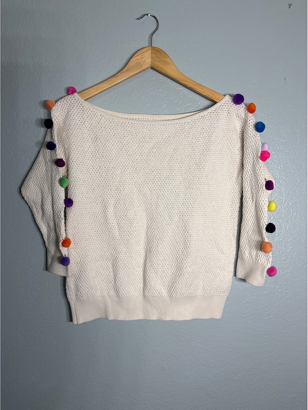 Anthropologie Emilia pom sweater boho coquette cream pompoms whimsical medium